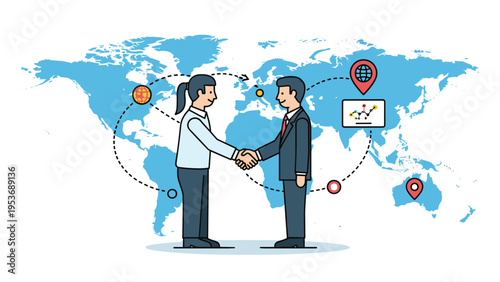 International business partnership and global cooperation concept showing a man and woman shaking hands over a map.