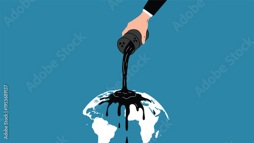 Environmental pollution and oil spill disaster concept featuring a hand pouring toxic black sludge over planet earth.