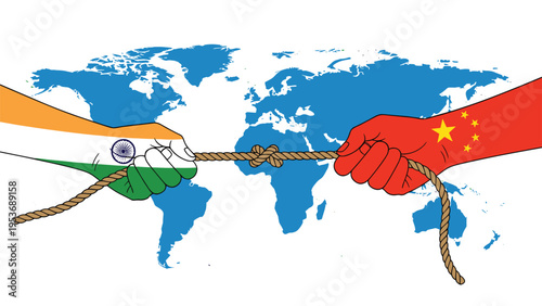Geopolitical tension and trade war concept showing hands painted with flags of India and China in a tug of war.