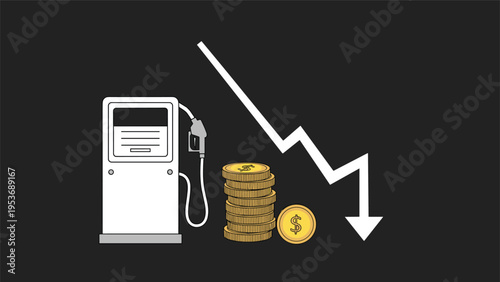 Fuel price drop and economic trend concept showing a gas station pump with stacks of coins and a falling arrow.