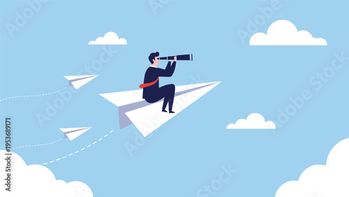 Visionary leadership and business exploration concept featuring a professional man flying on a paper airplane.