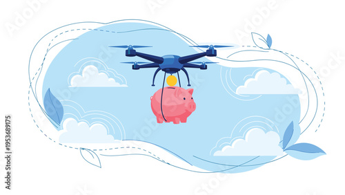 Modern savings and financial technology concept showing a technological drone carrying a pink piggy bank in air.
