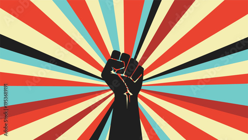 Empowerment and social activism concept showing a strong raised fist against a colorful retro sunburst pattern.