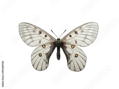 Fotografija Parnassius butterfly specimen with translucent wings isolated on white