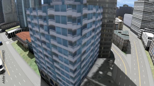 Camera flight on a avenue with traffic between city blocks