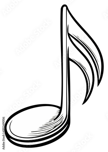 Black and white illustration of a single eighth note musical symbol with bold outlines and subtle shading