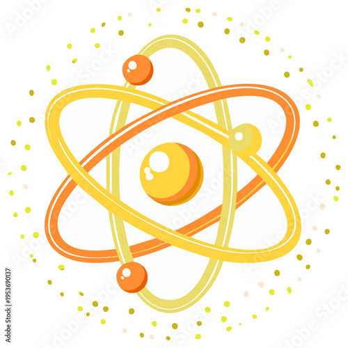 Vivid Cartoon Atom Model with Yellow and Orange Orbitals on White Background