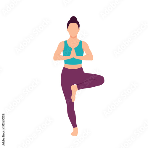 Vector illustration of woman in yoga pose standing on one leg in green top