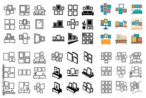 Interior decor icons with sofas and framed pictures outline