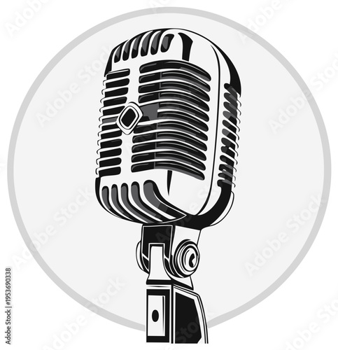 Retro Microphone Illustration in Black and White for Music Recording and Performance