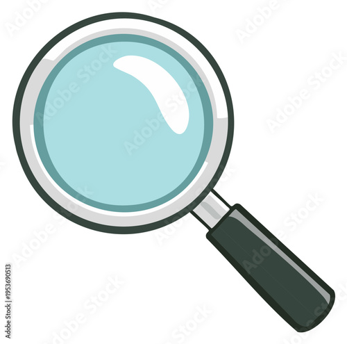 Illustration of a Magnifying Glass with Blue Lens, Handle, Silver Frame and Light Reflection, Discovery Tool