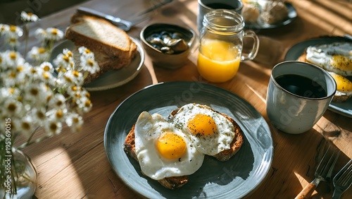 Delicious breakfast with eggs on toast and orange juice