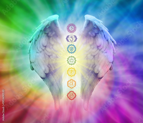 Angelic inspirational take on the Seven Chakras, created manually with digital tools, not AI generated.
