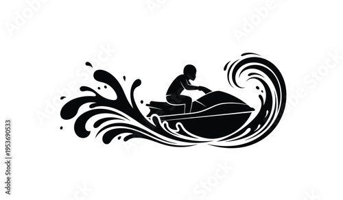 Silhouette of a person riding a jet ski in a wave silhouette