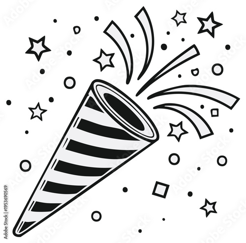 Party popper illustration with confetti and stars, celebration concept