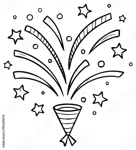 Hand Drawn Confetti Popper Explosion with Stars and Circles Outline Illustration