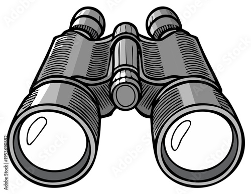Illustration of a binocular device with a classic design in black and white