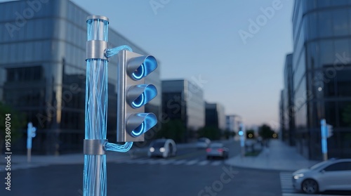 Modern Traffic Signal with Fiber Optics in a Sleek Cityscape at Dusk