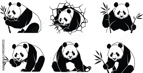 Vector collection of black panda silhouettes featuring giant pandas eating bamboo with creative broken wall effect and various wildlife poses isolated on white background for design