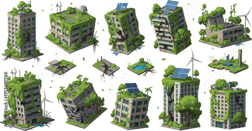 Abandoned Eco Buildings Set with Overgrown Vegetation, Ruined Sustainable Architecture and Nature Reclaimed Structures in Isometric Style for Environmental Concept Vector Illustration
