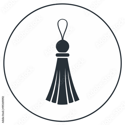 Simple black tassel icon with decorative fringe inside a circle. Flat vector graphic symbol for luxury and decor.