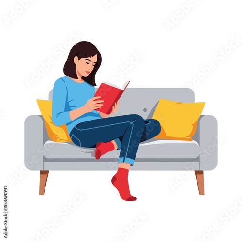 Vector illustration of woman sitting on a couch reading a book with laptop
