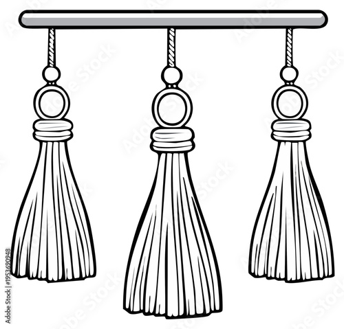 A row of three classic decorative tassels hanging from a rod. Black and white vector line art illustration for coloring.