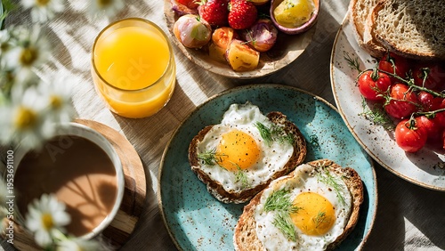 Eggs on toast with fresh fruit and coffee