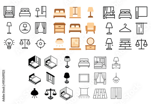 Bedroom icons with bed lamp curtain minimal
