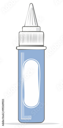 Illustration of a light blue eye drop bottle in a simple, flat, graphic style, with blank label.