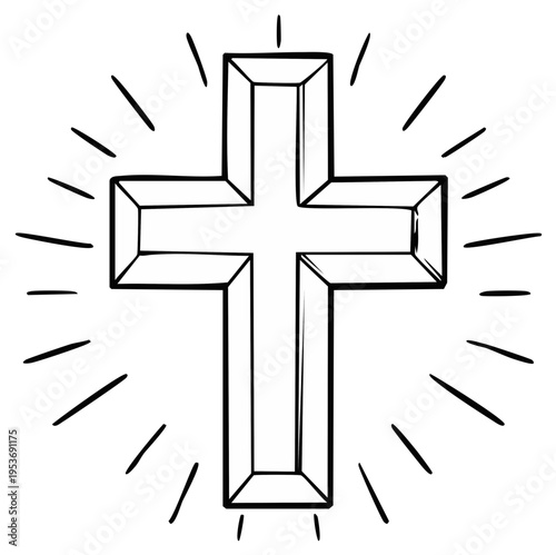 Simple Line Art Cross Symbol with Radiant Rays and Geometric Design
