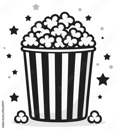 Popcorn Bucket Illustration Black and White Cartoon Movie Theater Treats