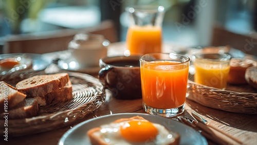 Blurry breakfast scene with toast and orange juice
