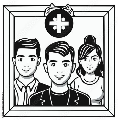 Family Portrait Illustration with Medical Symbol Overhead