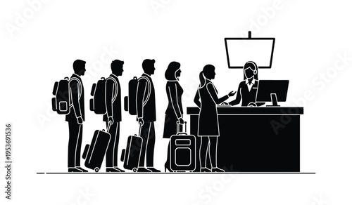 Silhouette of business people waiting at a reception desk with a clerk briefcases and luggage