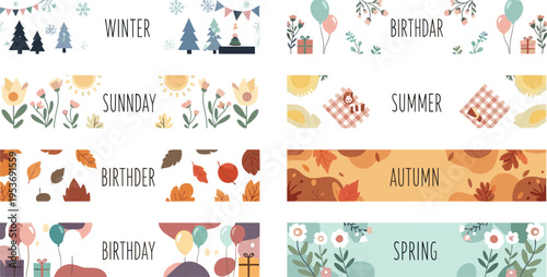 Seasonal Banner Set with Winter, Spring, Summer and Autumn Themes, Decorative Floral and Holiday Elements for Birthday, Greeting Cards and Social Media Vector Design