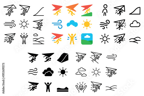 Adventure icons with hang glider sun wind colorful