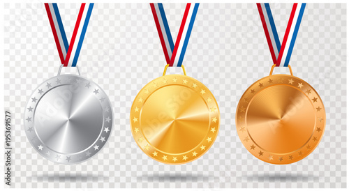 golden, silver and bronze medals with wreath of stars, vector illustration