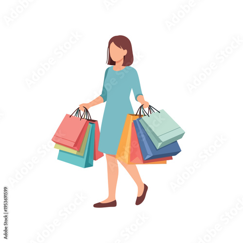 Vector illustration of woman carrying colorful shopping bags in her hands happily