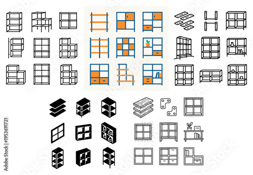 Shelving icons with rack and cubby colorful flat