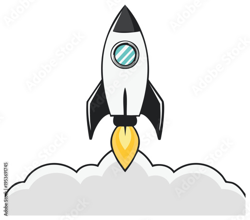 Cartoon Rocket Ship Taking Off with Smoke and Flames