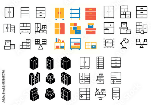 Furniture icons with cabinet shelf drawer minimal