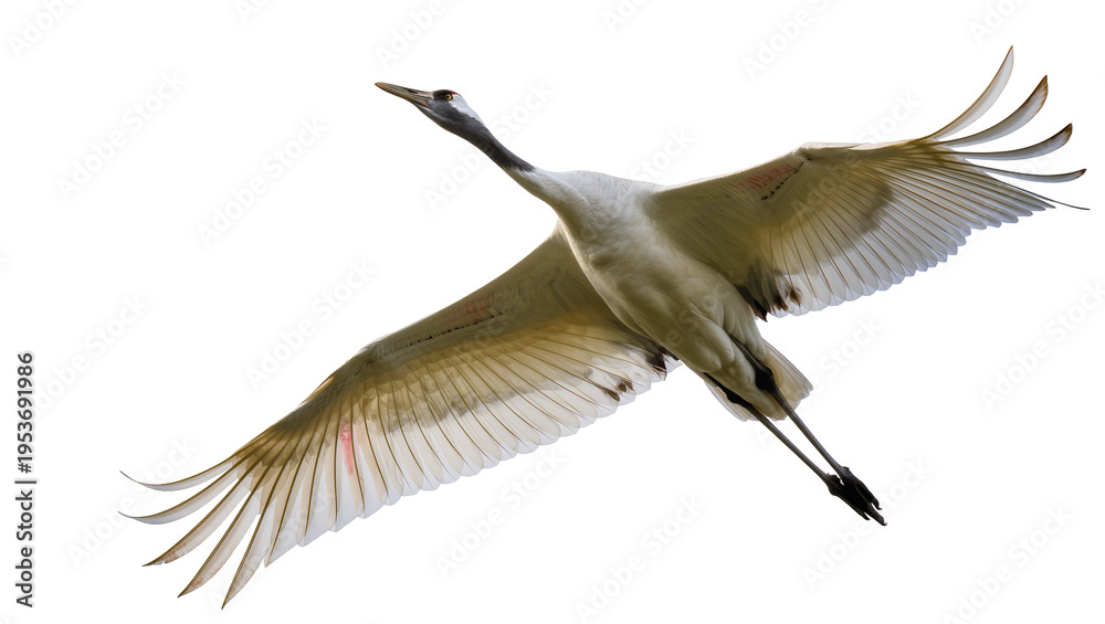 Obraz premium Majestic Red-crowned Crane in graceful flight, wings spread wide, a beautiful avian spectacle isolated PNG on transparent background