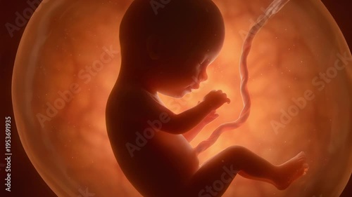 Medical 3D animation of a growing human fetus floating inside the mother's womb. Unborn baby connected to the umbilical cord in the amniotic sac. Pregnancy and reproduction concept