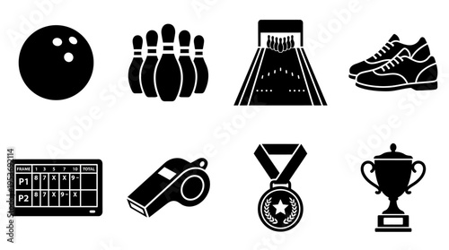 Bowling & Indoor Sports Vector Icon Set – Fun Vectors Featuring Balls, Pins, Lanes, Shoes, Whistles, Scoreboards, Medals, and Trophies