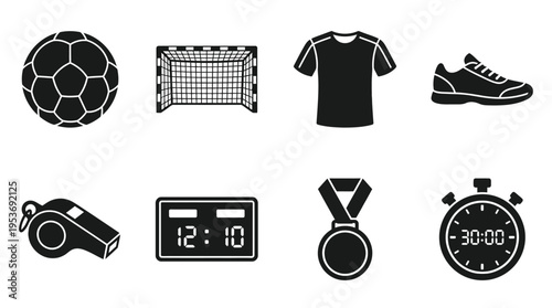 Soccer & Team Sports Vector Icon Set – Clean Vectors Featuring Balls, Goals, Jerseys, Shoes, Whistles, Scoreboards, Medals, and Stopwatches