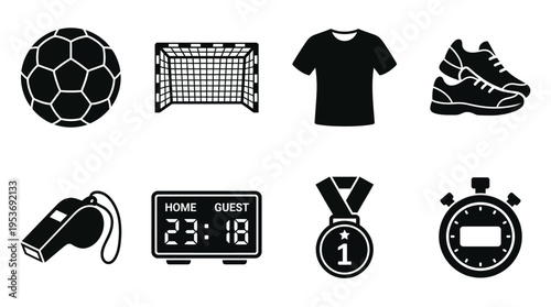 Soccer & Team Sports Vector Icon Set – Clean Vectors Featuring Balls, Goals, Jerseys, Shoes, Whistles, Scoreboards, Medals, and Stopwatches