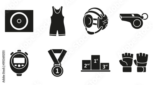 Wrestling & Combat Sports Vector Icon Set – Powerful Vectors Featuring Mats, Singlets, Headgear, Whistles, Gloves, Medals, Stopwatches, and Podiums