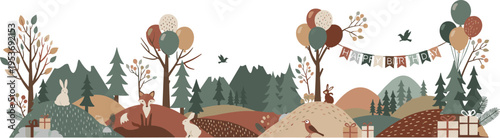 Woodland Birthday Landscape with Forest Animals, Balloons and Party Decorations, Cute Nature Scene Banner in Flat Vector Style for Kids Celebration Design