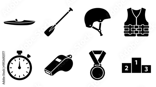 Dragon Boat & Paddle Sports Vector Icon Set – Energetic Vectors Featuring Boats, Paddles, Life Vests, Caps, Whistles, Medals, Stopwatches, and Podiums